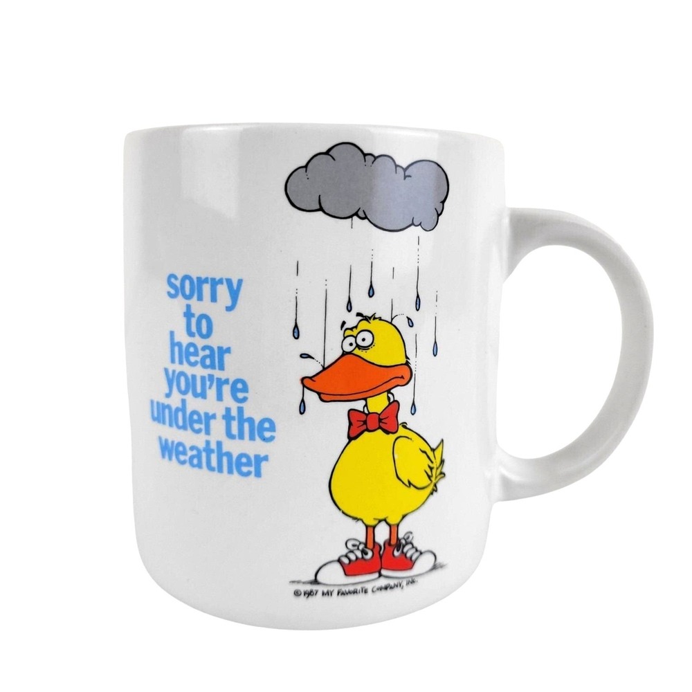 Vintage 80s Get Well Mug under the weather Favorite Friends Duck rain coffee cup